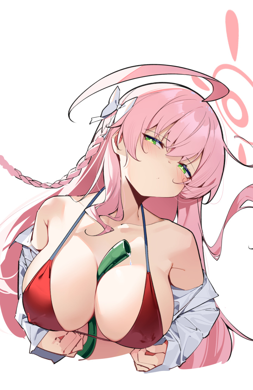 1girl absurdres ahoge bare_shoulders between_breasts bikini blue_archive blush bow braid breasts cleavage green_eyes hair_bow halo halterneck hanako_(blue_archive) hanako_(swimsuit)_(blue_archive) highres large_breasts long_hair long_sleeves looking_at_viewer off_shoulder official_alternate_costume painterliuhao pink_hair pink_halo red_bikini sexually_suggestive shirt simple_background single_braid solo swimsuit upper_body white_background white_shirt