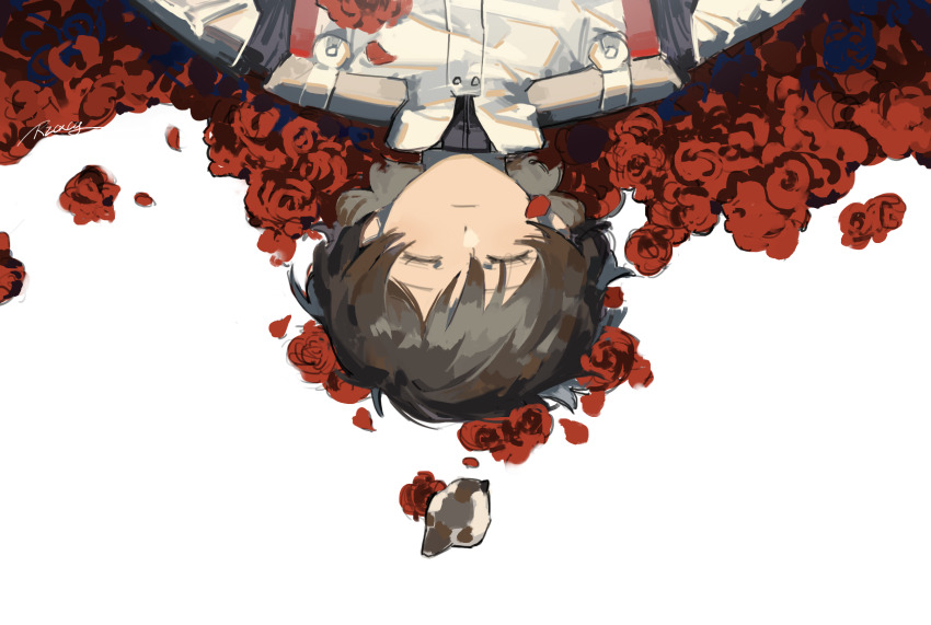 1boy banagher_links bird brown_hair chinese_commentary closed_eyes closed_mouth commentary_request flower gundam gundam_unicorn highres lying male_focus mecha_pilot_suit normal_suit_(gundam) on_back petals red_flower red_rose rose rzcxcg short_hair simple_background solo sparrow upper_body upside-down white_background