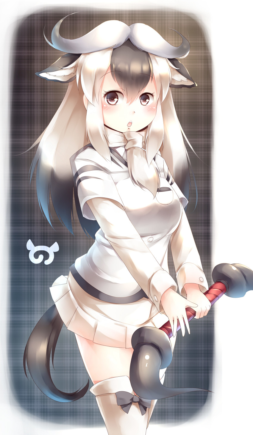 10s 1girl :o absurdres animal_ears black_eyes black_hair blue_wildebeest_(kemono_friends) breast_pocket commentary_request extra_ears female_focus hair_between_eyes highres holding horn_lance horns japari_symbol kanzakietc kemono_friends long_hair looking_at_viewer multicolored_hair open_mouth pocket skirt solo tail two-tone_hair white_hair