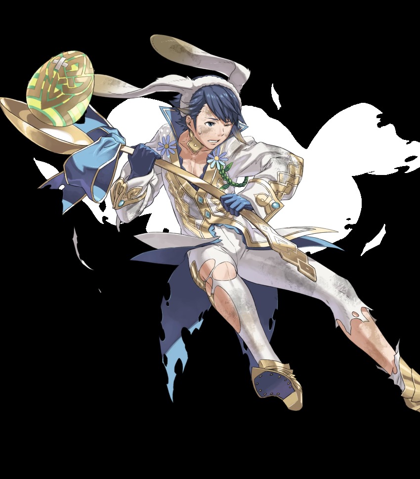 1boy alfonse_(fire_emblem) alfonse_(spring_prince)_(fire_emblem) alternate_costume animal_ears blue_eyes blue_gloves blue_hair collarbone cracked_egg cracked_shell dirty dirty_clothes dirty_face fake_animal_ears fire_emblem fire_emblem_heroes flower full_body gloves hairband highres holding kozaki_yuusuke male_focus multicolored_hair nintendo official_alternate_costume one_eye_closed parted_lips pectorals rabbit_ears sweatdrop torn_clothes transparent_background