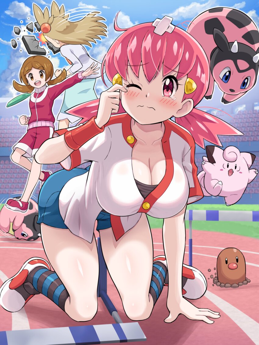3girls :d absurdres all_fours bandaid bandaid_on_head blush breasts brown_eyes brown_hair cleavage clefairy closed_mouth cloud commentary_request day diglett eyelashes fallen_down game_freak gen_1_pokemon gen_2_pokemon hair_ornament hairclip headbutt highres hurdle jacket jasmine_(pokemon) large_breasts long_hair lyra_(pokemon) miltank motion_lines multiple_girls nintendo one_eye_closed open_mouth outdoors outstretched_arm pink_eyes pink_hair pokemoa pokemon pokemon_(creature) pokemon_hgss running_track shoes shorts sky smile socks striped_clothes striped_socks tearing_up twintails white_jacket whitney_(pokemon)