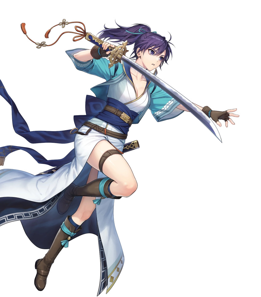 1girl boots fingerless_gloves fir_(fire_emblem) fir_(swordmaiden)_(fire_emblem) fire_emblem fire_emblem:_the_binding_blade fire_emblem_heroes full_body gloves highres japanese_clothes kiyu_(zuyu) knee_boots long_hair nintendo non-web_source obi official_art ponytail purple_eyes purple_hair sash short_sleeves solo sword thigh_strap transparent_background weapon