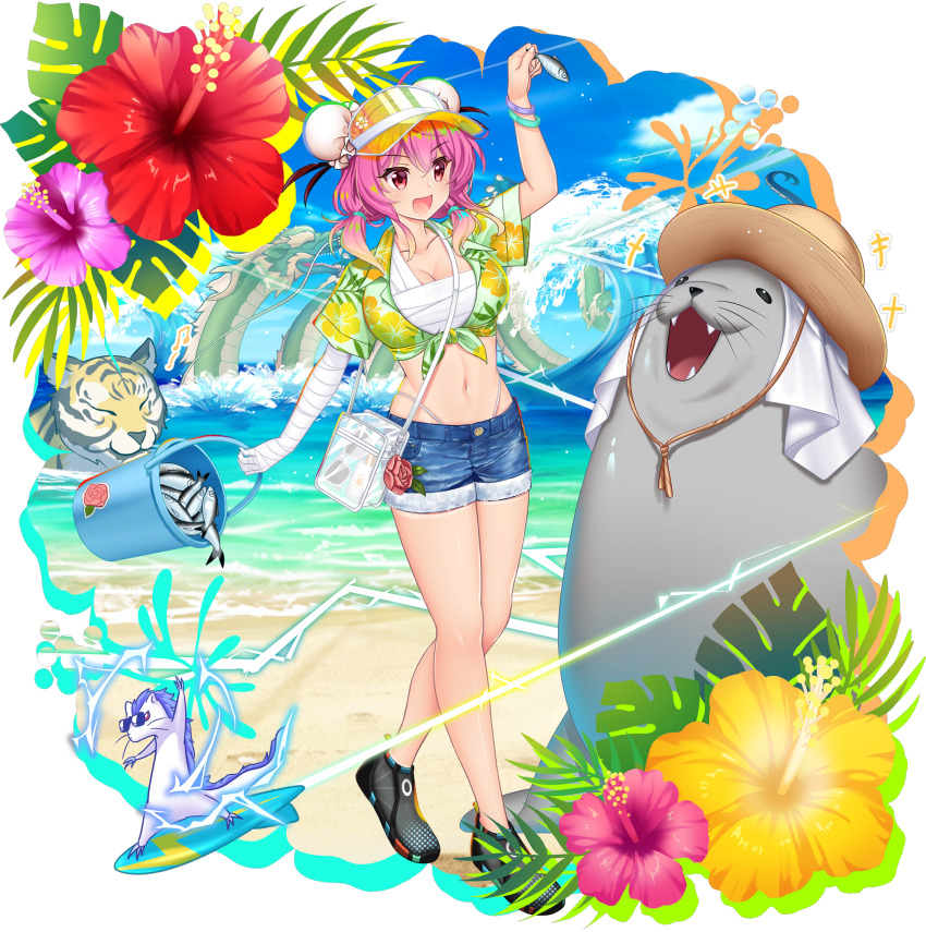 +++ 1girl alternate_costume alternate_hairstyle animal bag bandaged_arm bandaged_chest bandages beach blue_sky breasts bucket bun_cover cleavage cloud creature day double_bun dragon eastern_dragon feeding fish fish_request floral_print flower game_cg green_shirt hair_bun hat hibiscus hibiscus_print highres holding holding_animal holding_bucket holding_fish houso_(touhou) ibaraki_kasen koutei_(touhou) leaf_print lightning manzairaku monstera_deliciosa mukou_(touhou) musical_note navel ocean official_art open_mouth palm_leaf pink_eyes pink_flower pink_hair pink_rose red_flower rose rotte_(1109) seal_(animal) shirt shoes short_sleeves shorts sky small_dragon smile solo sticker straw_hat sunglasses surfboard third-party_source tied_shirt tiger touhou touhou_lostword transparent_background transparent_bag unworn_eyewear visor_cap water waves yellow_flower