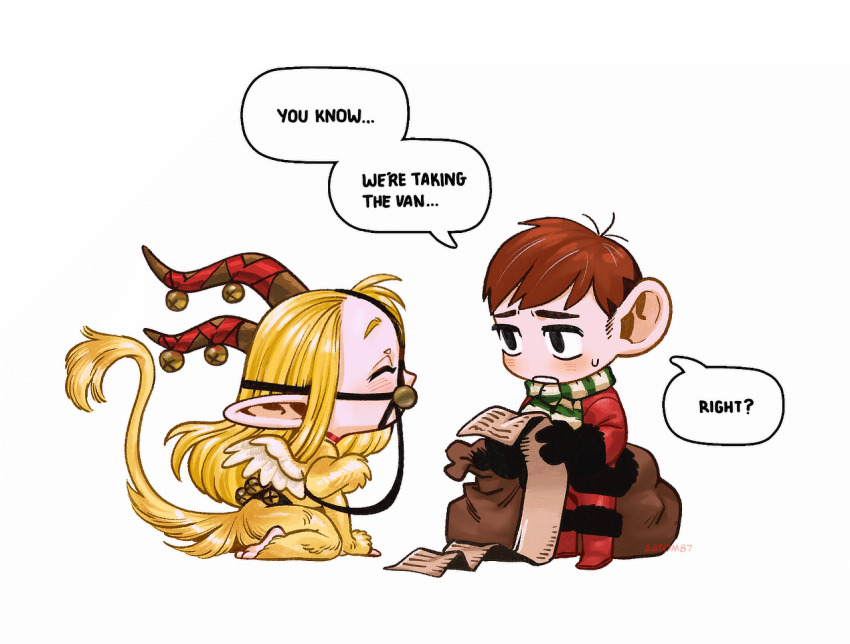 1boy 1girl aatom87 black_gloves bridle chibi chilchuck_tims closed_eyes commentary dungeon_meshi english_text feathered_wings fusion gloves holding holding_paper horn_bell lion_tail marcille_donato paper pointy_ears sack santa_costume scarf sitting stirrups_(riding) striped_clothes striped_scarf sweatdrop symbol-only_commentary tail wariza winged_lion_(dungeon_meshi) wings yellow_fur