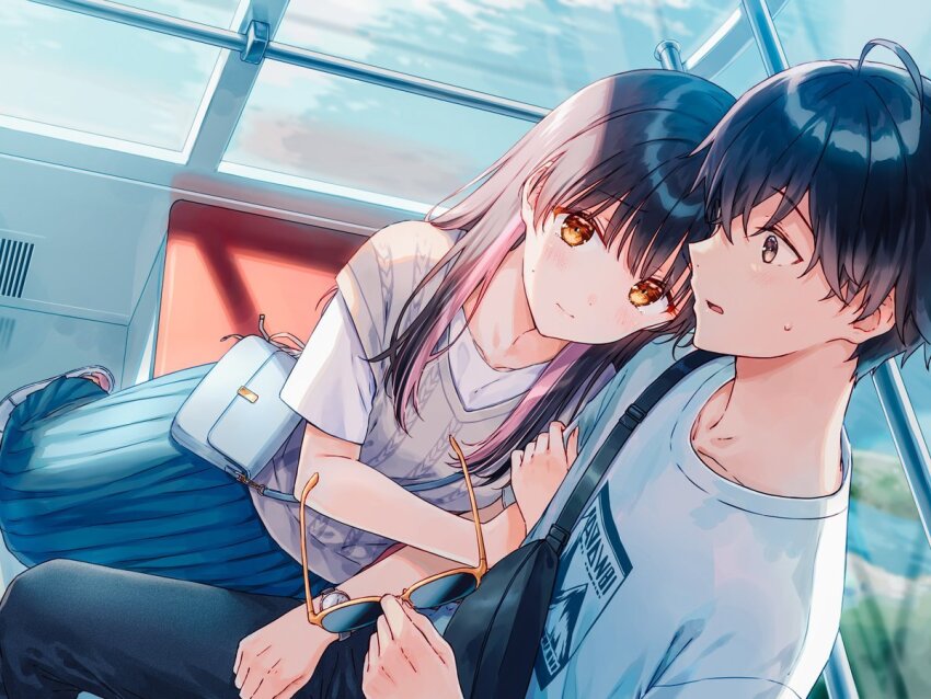 1boy 1girl arm_hug ashita_hadashi_de_koi bag black_hair black_pants blurry blurry_background commentary_request fanny_pack ferris_wheel from_above hiten_(hitenkei) holding holding_removed_eyewear light_smile long_hair looking_at_another multicolored_hair nito_chika official_art open_mouth pants pink_hair pleated_skirt sakamoto_meguri second-party_source shirt short-sleeved_sweater short_hair short_sleeves shoulder_bag sitting skirt streaked_hair sunglasses sweatdrop sweater unworn_eyewear white_shirt yellow_eyes