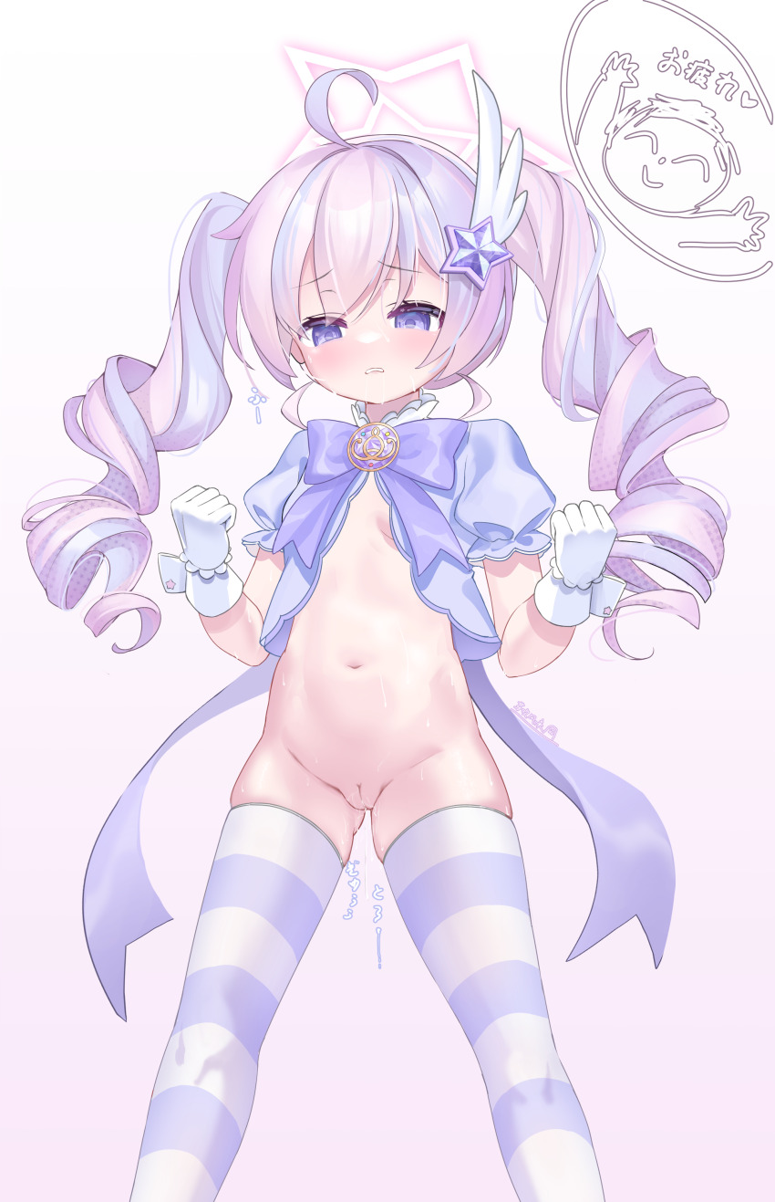 1girl absurdres ahoge artist_name blue_archive blush bow capelet clenched_hands drill_hair feather_hair_ornament feathers feet_out_of_frame frown gloves gluteal_fold gradient_background groin hair_between_eyes hair_ornament halo highleg highres loli long_hair looking_at_viewer magical_girl multicolored_hair navel nude open_mouth panties parted_lips puffy_sleeves purple_bow purple_eyes purple_hair pussy reisa_(blue_archive) reisa_(magical)_(blue_archive) sash sex_toy short_sleeves side-tie_panties skindentation solo star_(symbol) star_hair_ornament star_halo streaked_hair striped_clothes striped_thighhighs surprised thighhighs thighs twintails two-tone_hair underwear white_gloves white_hair white_wrist_cuffs wrist_cuffs ya_chuifeng_lai