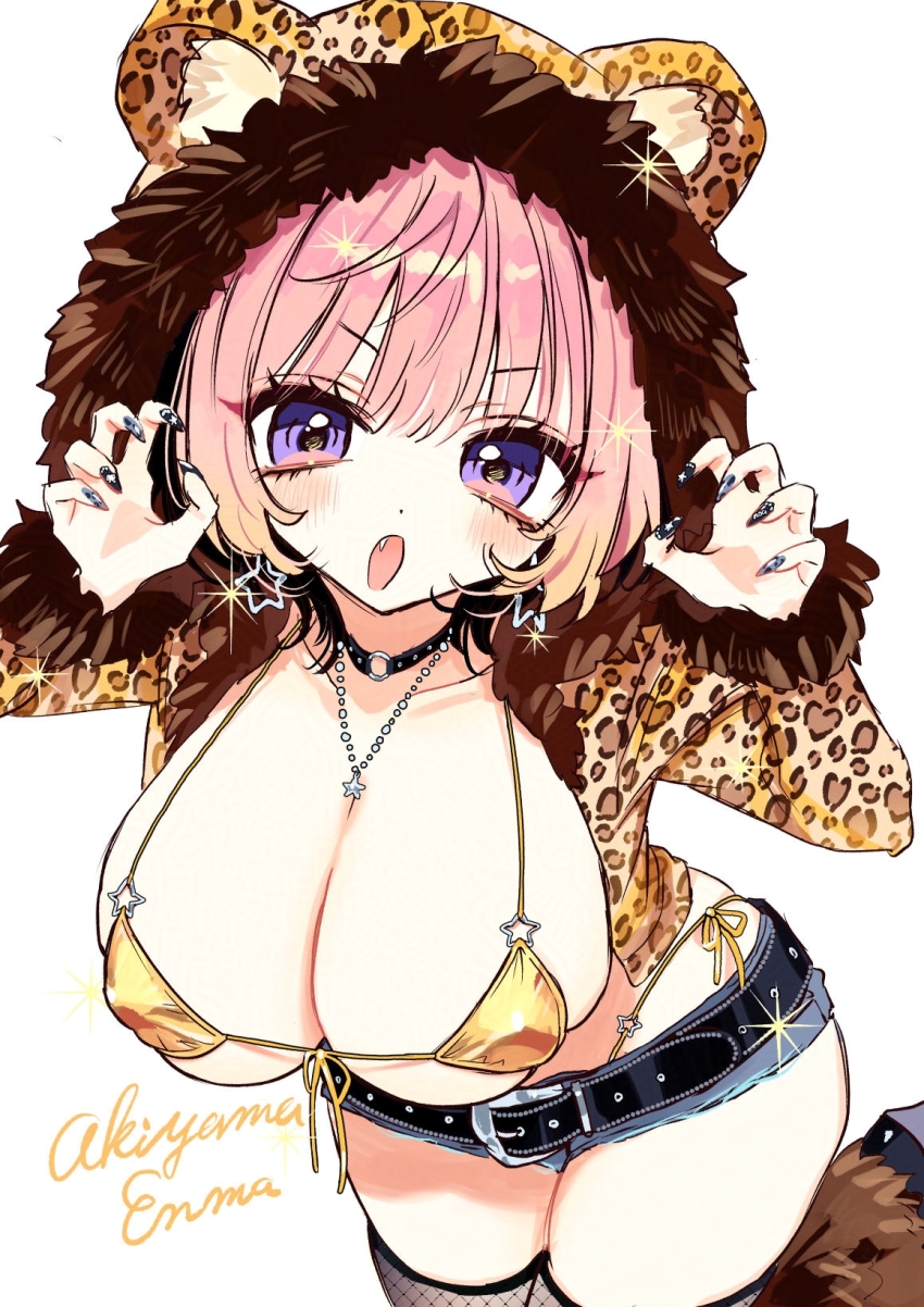 1girl akiyama_enma animal_hood animal_print artist_name belt bikini black_belt black_choker black_hair black_nails black_thighhighs blue_shorts blush breasts choker claw_pose cleavage collarbone dot_nose fang fingernails fishnet_thighhighs fishnets highres hood hoodie huge_breasts jewelry leopard_print long_sleeves looking_at_viewer medium_hair multicolored_hair nail_polish necklace noa-senpai_wa_tomodachi. o-ring o-ring_choker open_clothes open_hoodie open_mouth pink_hair purple_eyes saotome_noa shorts side-tie_bikini_bottom simple_background solo star_(symbol) star_necklace swimsuit thighhighs thighs two-tone_hair white_background yellow_bikini yellow_hoodie
