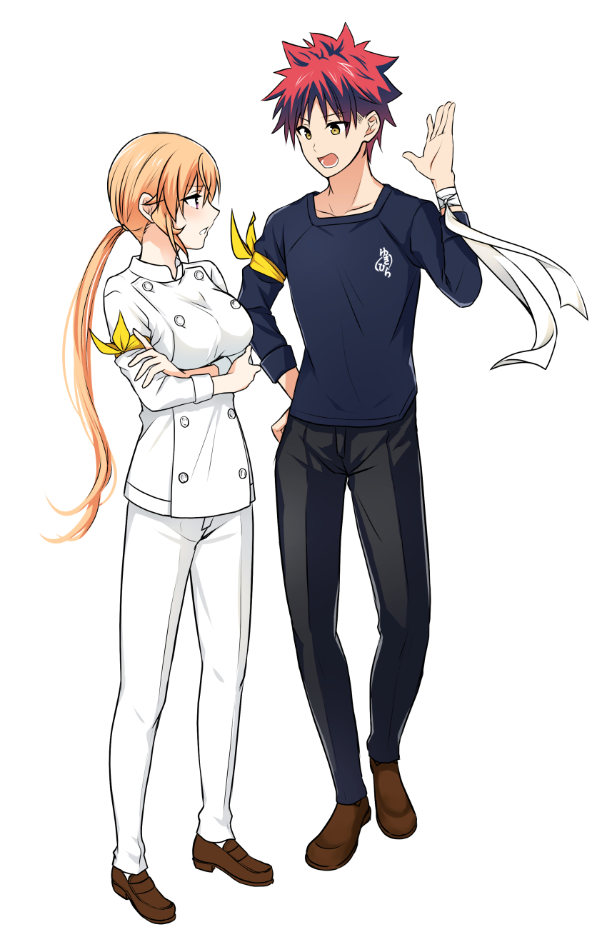 1boy 1girl :o absurdres arm_under_breasts armband black_pants black_shirt breasts brown_footwear buttons chef double-breasted hand_up highres large_breasts long_hair lower_teeth_only nakiri_erina pants ponytail red_hair shirt shokugeki_no_souma short_hair smile teeth tongue toy-black white_pants yellow_armband yukihira_souma
