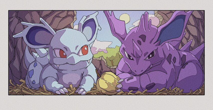 black_eyes blue_skin colored_skin fangs forest gen_1_pokemon highres horns looking_at_another nature nest nidorina nidorino nintendo onamuzi_illust outdoors pokemon pokemon_(creature) purple_skin red_eyes single_horn smile spikes tree