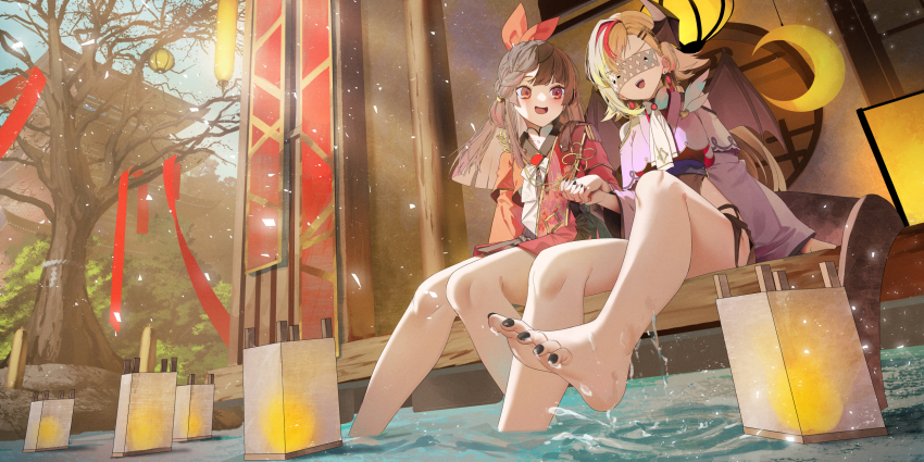 2girls :d bare_legs bat_wings black_nails black_panties blonde_hair brown_hair collared_shirt crescent dress highres holding_hands lantern long_sleeves looking_at_another multiple_girls open_mouth original outdoors panties partially_submerged purple_dress red_eyes red_ribbon red_shirt ribbon saraki shirt smile toes tree underwear wings