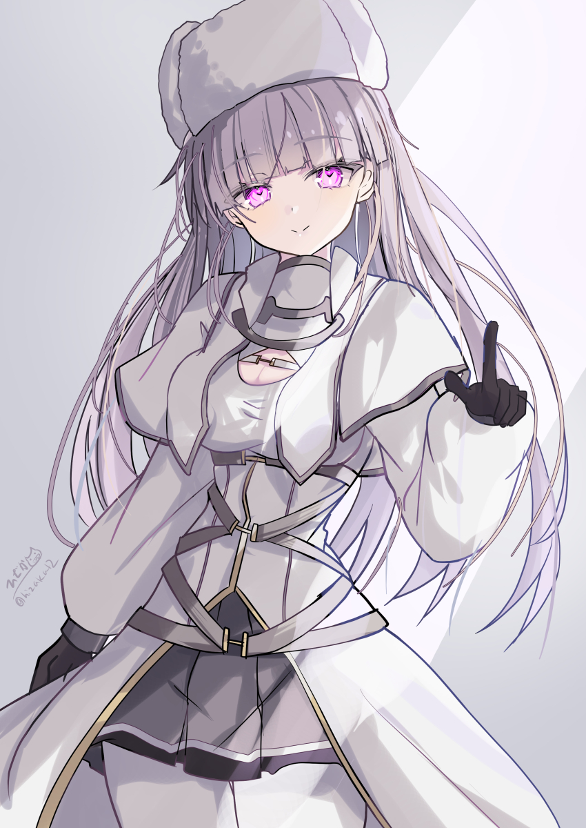 1girl absurdres black_gloves breasts capelet cleavage cowboy_shot dress fur_hat gloves grey_background hat highres hizaka kantai_collection kirov_(kancolle) large_breasts long_hair looking_at_viewer pantyhose papakha pink_eyes pink_hair pleated_skirt skirt smile solo white_capelet white_dress white_hat white_pantyhose