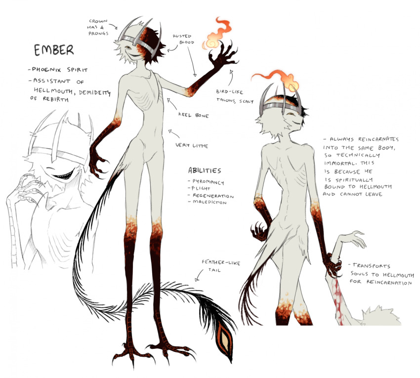 1boy 1other bird_legs black_tail blood blood_on_arm crown dragging ember_(jejejunum) english_text feather_tail feathers fire full_body highres jejejunum monster_boy open_mouth original pyrokinesis reference_sheet reincarnation ribs rust short_hair simple_background skinny smile spirit standing talons white_background
