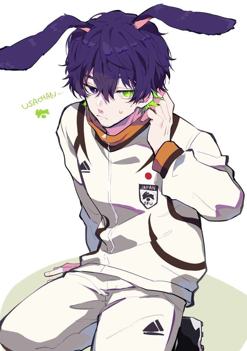 1boy animal_ears blue_lock bright_pupils commentary_request facial_hair goatee_stubble green_eyes hair_between_eyes highres jacket kemonomimi_mode long_sleeves looking_at_viewer male_focus mustache_stubble nekoma_hikaru oliver_aiku pants purple_eyes purple_hair rabbit_ears romaji_text short_hair simple_background solo stubble sweatdrop white_background white_jacket white_pants white_pupils