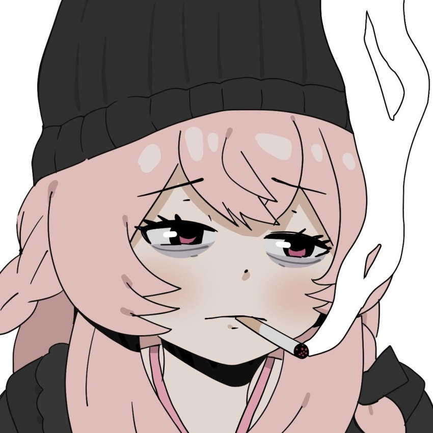1girl bad_source braid cigarette closed_mouth doomer dot_nose highres light_blush long_hair official_art phase_connect pink_eyes pink_hair pipkin_pippa portrait simple_background smoke smoking solo virtual_youtuber white_background