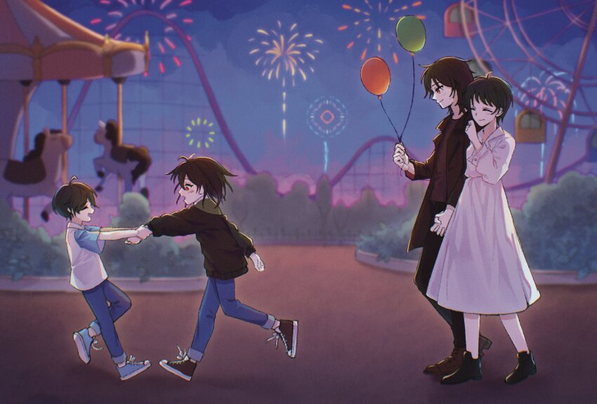 1girl 3boys ahoge amusement_park balloon black_hair black_jacket black_pants black_shoes blue_pants blue_shoes blue_sleeves brown_shirt brown_shoes carousel cell_sharp child closed_eyes closed_mouth collared_dress commentary_request denim dress family ferris_wheel film_grain fireworks harada_minoru highres holding holding_another&#039;s_wrist holding_balloon holding_hands isoi_haruki isoi_rai isoi_reiji_(rei-kun) jacket jeans korean_commentary lapels long_sleeves multiple_boys night notched_lapels open_clothes open_jacket open_mouth outdoors pants raglan_sleeves saibou_shinkyoku shirt shoes short_hair smile sneakers t-shirt white_dress white_shirt