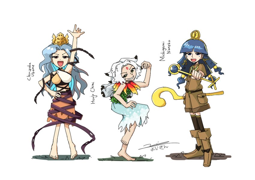 3girls barefoot blue_eyes blue_hair boots breasts brown_shirt chirizuka_ubame crown fossilized_wonders full_body green_eyes hand_up highres holding holding_polearm holding_weapon houjuu_chimi long_hair michigami_nareko multiple_girls orange_skirt polearm red_eyes shirt skirt smile tagme touhou wavy_hair weapon white_hair yoiy_san