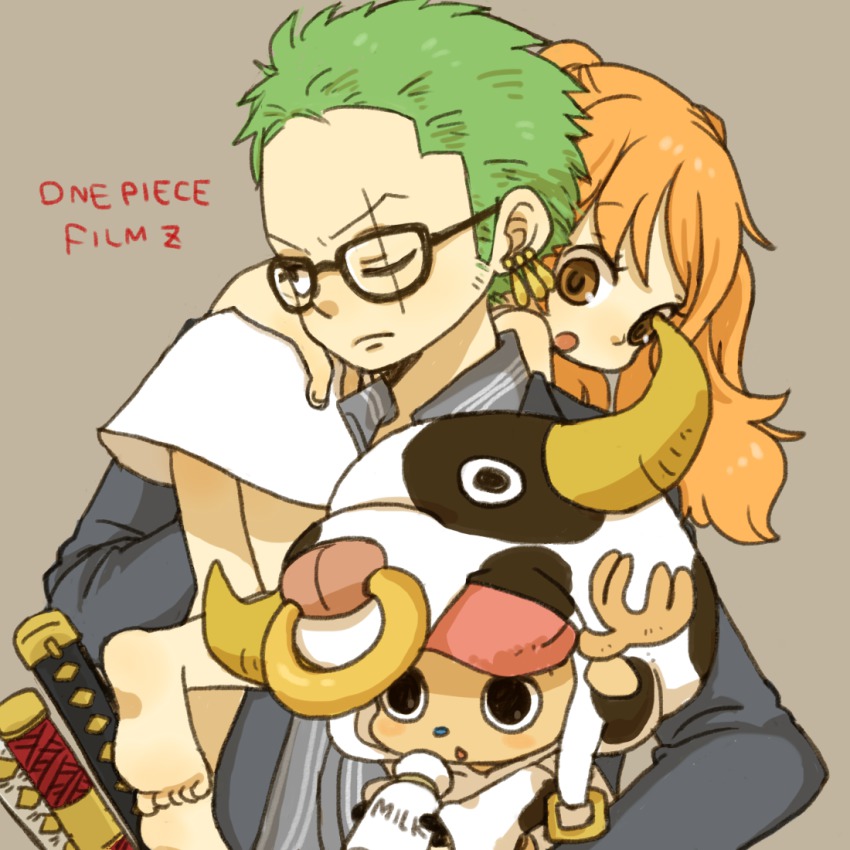 1boy 1girl :o aged_down animal_print barefoot bespectacled brown_eyes carrying child copyright_name cow_print dress earrings formal_clothes glasses green_hair horns jewelry long_hair milk nami_(one_piece) one-eyed one_piece one_piece_film:_z orange_hair reindeer roronoa_zoro scar suit tony_tony_chopper twintails yukke