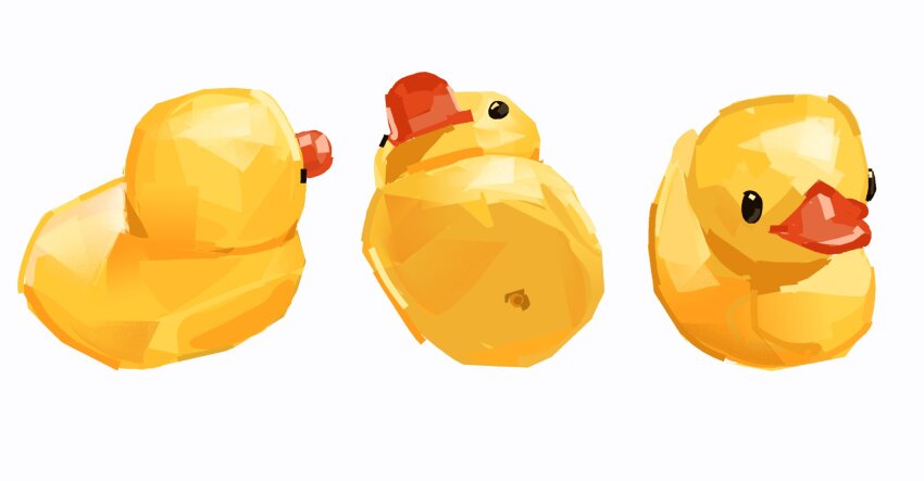 commentary english_commentary facing_viewer highres junbuug limited_palette multiple_views no_humans original painterly rubber_duck simple_background still_life toy white_background