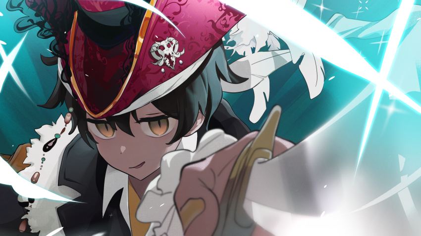 1girl absurdres aqua_background black_hair dark-skinned_female dark_skin feathers glint hat hat_feather highres holding holding_sword holding_weapon kurobe_natsumi mo0o0rae parted_lips pirate_costume pirate_hat portrait red_hat senpai_ga_uzai_kouhai_no_hanashi short_hair solo sparkle_background sword tricorne weapon white_feathers yellow_eyes yellow_nails