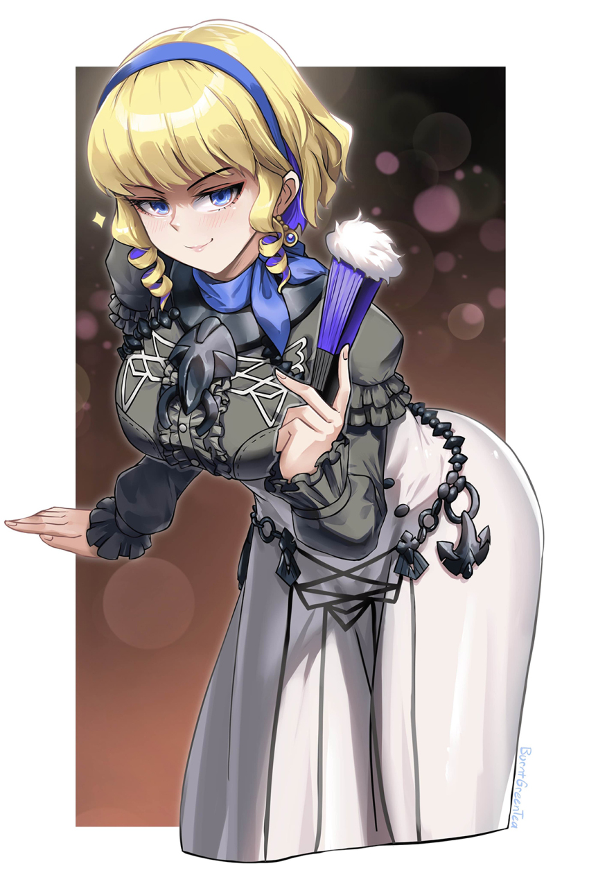 1girl blonde_hair blue_choker blue_eyes blue_hairband blush breasts burnt_green_tea choker closed_mouth colored_inner_hair constance_von_nuvelle dress drill_hair drill_sidelocks earrings fire_emblem fire_emblem:_three_houses garreg_mach_monastery_uniform grey_dress hairband hand_fan highres holding holding_fan jewelry large_breasts leaning_forward long_sleeves looking_at_viewer multicolored_hair nintendo purple_hair scarf_choker short_hair sidelocks smile solo two-tone_hair