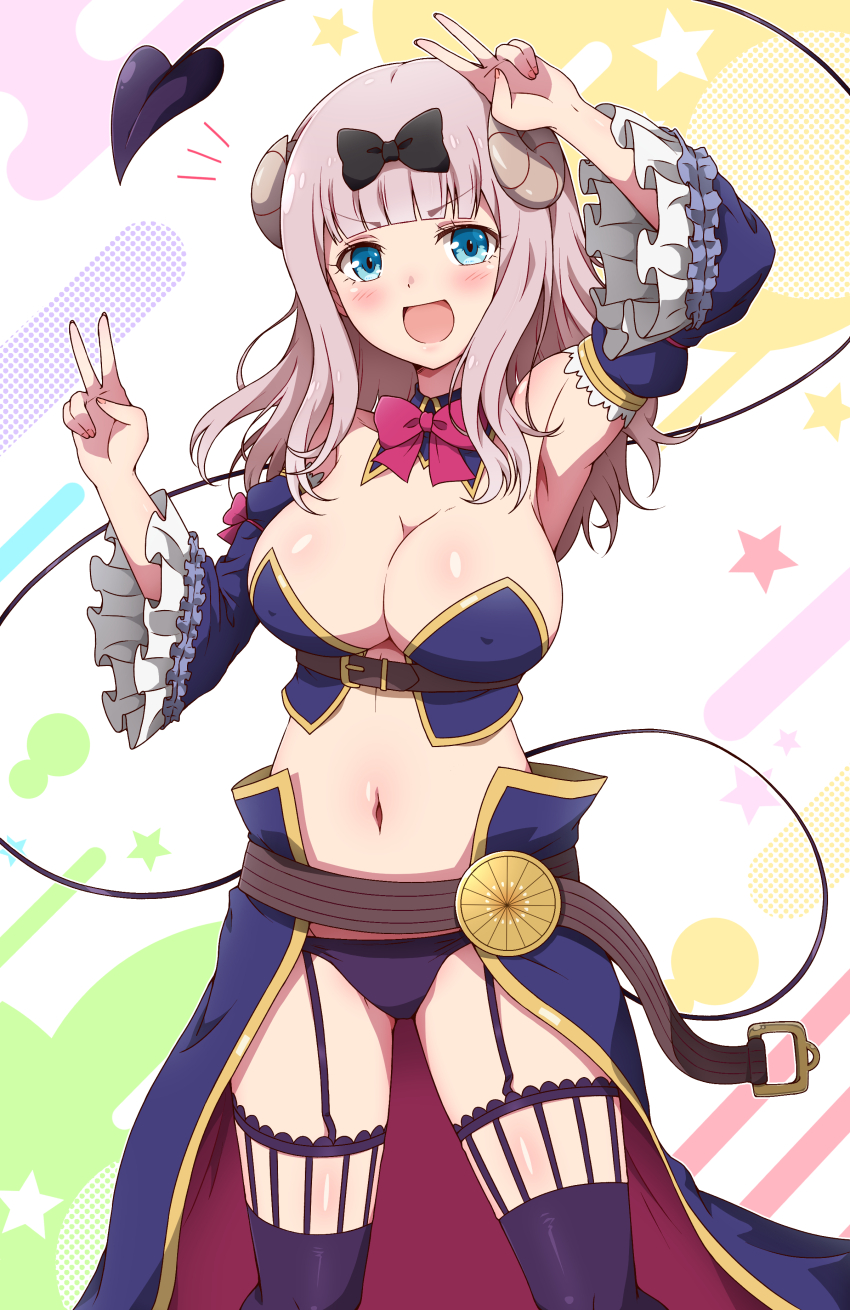 1girl :d absurdres arm_up armpits belt bikini black_bow blue_bikini blue_eyes blue_sleeves blue_thighhighs blunt_bangs blush bow bowtie breasts brown_belt cleavage commentary_request cosplay covered_erect_nipples cowboy_shot crisis_management_form_(machikado_mazoku) curled_horns demon_girl demon_horns demon_tail detached_collar detached_sleeves double_v eggman_(ni_tamagoex) frilled_sleeves frills fujiwara_chika garter_straps hair_bow hand_up highres horns kaguya-sama_wa_kokurasetai_~tensai-tachi_no_renai_zunousen~ kohara_konomi large_breasts long_hair looking_at_viewer machikado_mazoku multicolored_background navel notice_lines open_mouth pink_hair red_bow red_bowtie revealing_clothes smile solo star_(symbol) stomach strapless strapless_bikini swimsuit tail thighhighs v v_over_head voice_actor_connection waist_cape wide_sleeves yoshida_yuuko_(machikado_mazoku) yoshida_yuuko_(machikado_mazoku)_(cosplay)