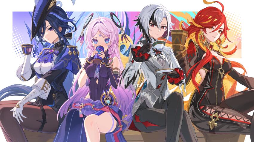 4girls absurdres ahoge arlecchino_(genshin_impact) biker_clothes bikesuit black_bodysuit black_eyes black_gloves black_hair bodysuit breasts can citlali_(genshin_impact) clorinde_(genshin_impact) commentary crossed_legs cup drink_can drinking earrings english_commentary feet_out_of_frame genshin_impact gloves grey_hair hair_between_eyes highres holding holding_can holding_cup holding_saucer jewelry large_breasts long_hair long_sleeves looking_at_viewer mavuika_(genshin_impact) medium_breasts multicolored_hair multiple_girls orange_eyes orange_hair red_hair red_pupils sauce saucer second-party_source smile streaked_hair symbol-shaped_pupils tankard teacup two-tone_hair very_long_hair vision_(genshin_impact) x-shaped_pupils yu-ri_(arium047)