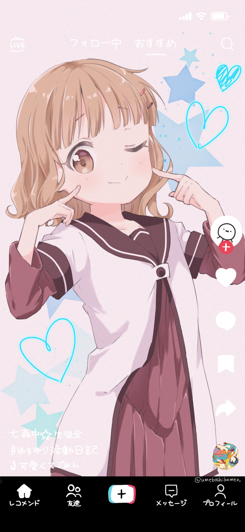 1girl absurdres black_sailor_collar brown_eyes dress fake_phone_screenshot fake_screenshot fang hands_on_own_cheeks hands_on_own_face heart highres kawaikute_gomen_(honeyworks) layered_sleeves light_brown_hair light_particles long_sleeves looking_at_viewer mearian medium_hair namori_(character) nanamori_school_uniform one_eye_closed oomuro_sakurako pink_background pleated_dress raised_eyebrows red_dress sailor_collar school_uniform shirt short_over_long_sleeves short_sleeves smug star_(symbol) star_symbol_background tiktok wavy_hair white_shirt yuruyuri