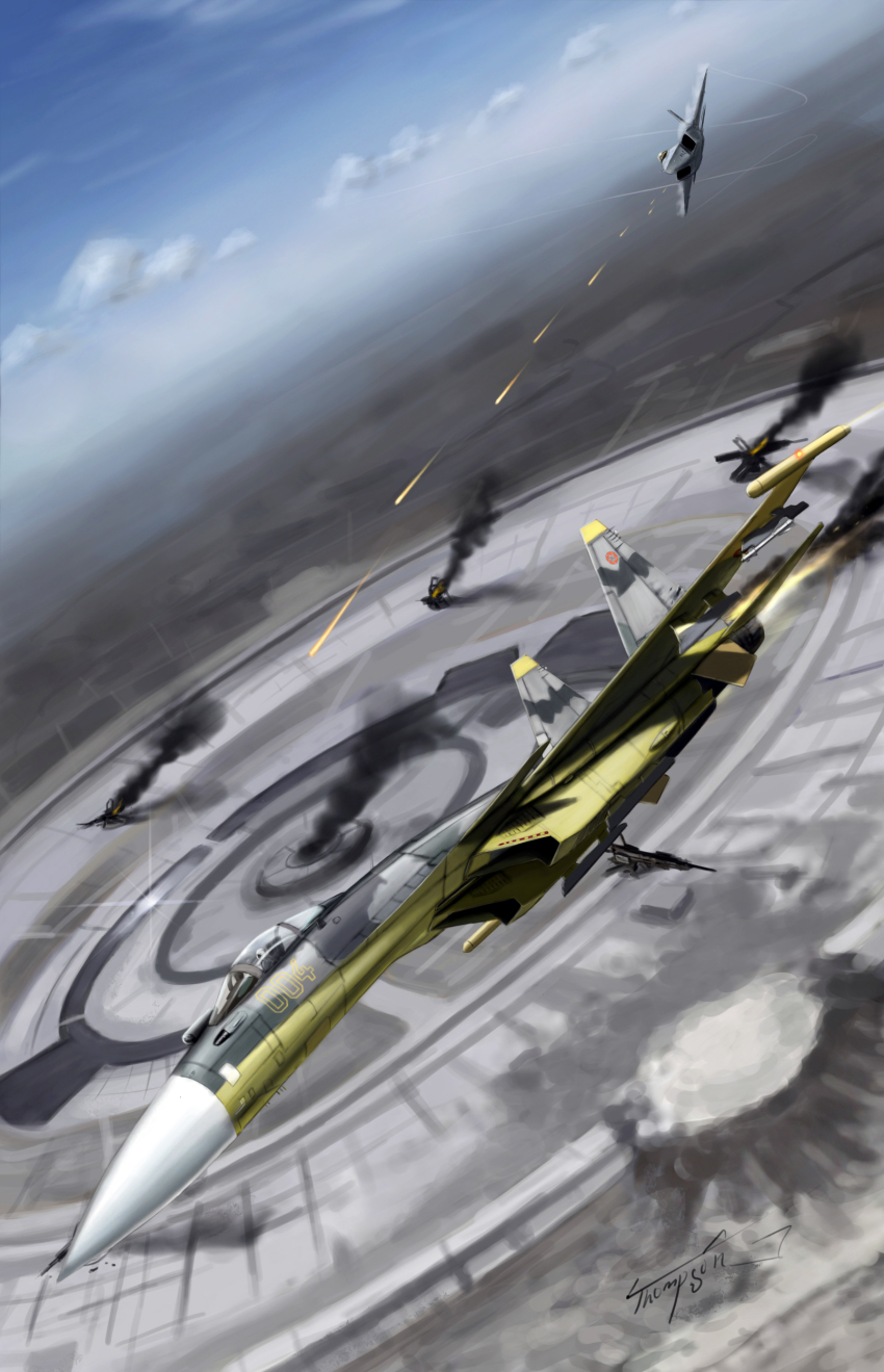 absurdres ace_combat ace_combat_04 aerial_battle aircraft airplane battle building cannon cloud crater dogfight f-22 fighter_jet fire firing highres in-universe_location magnetic_weapon military military_vehicle mobius_1 namco no_humans pilot railgun signature sky smoke stonehenge_(ace_combat) su-37 thompson_(solowingfh) vehicle_focus yellow_4