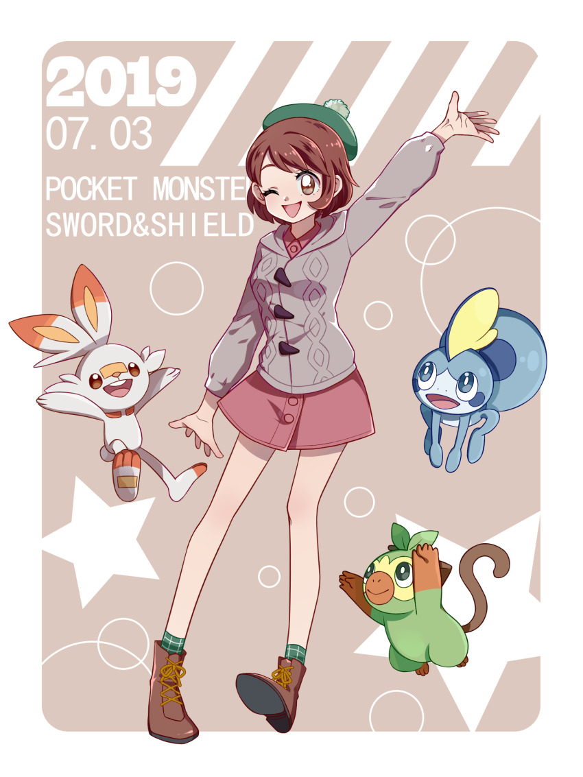 1girl 2019 arm_up beret border brown_footwear brown_hair copyright_name creatures_(company) dated dress game_freak gen_8_pokemon gloria_(pokemon) green_hat green_socks grey_jacket grookey hat highres jacket kid1215 long_sleeves looking_at_viewer nintendo open_mouth pink_dress plaid_clothes plaid_socks pokemon pokemon_(creature) pokemon_swsh scorbunny shoes short_hair sobble socks starter_pokemon_trio white_border