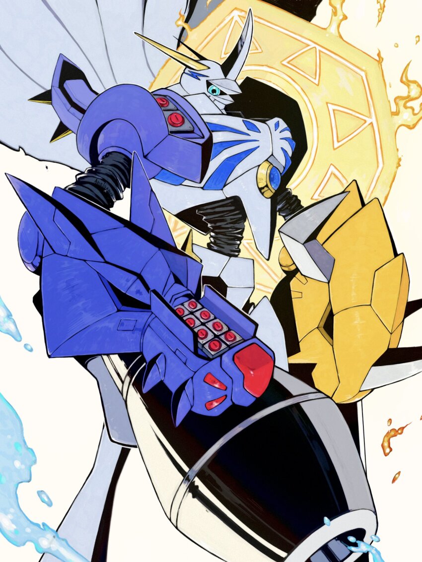 analog_boy02 arm_blade arm_cannon artist_request blue_eyes cannon cape digimon digimon_(creature) energy_barrier energy_shield highres mecha missile no_humans omegamon robot shield sword tagme weapon