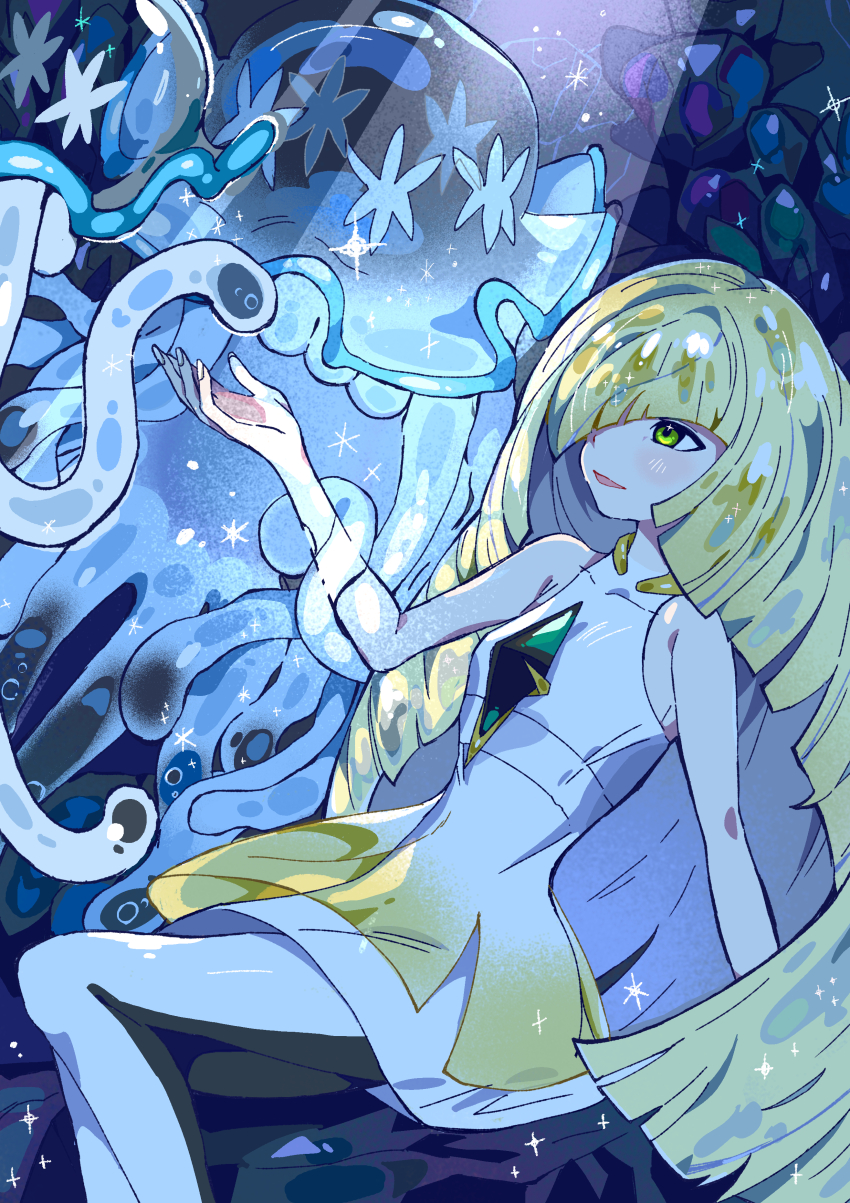 1girl absurdres bare_arms black_leggings blonde_hair breasts collarbone creatures_(company) diamond_(shape) dress game_freak gem gen_7_pokemon green_eyes green_gemstone hair_over_one_eye hand_up highres itomakirichan jellyfish leggings long_hair lusamine_(pokemon) mature_female nihilego nintendo pokemon pokemon_(creature) pokemon_sm short_dress sleeveless sleeveless_dress small_breasts two-tone_leggings ultra_beast ultra_beasts very_long_hair white_dress white_leggings