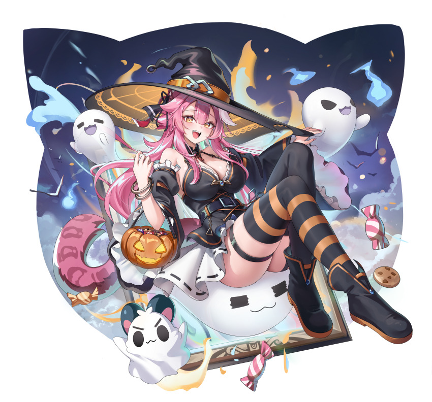 1girl :d absurdres animal_ears aoi_13 belt black_belt black_boots black_dress black_hat black_thighhighs boots breasts candy center-flap_bangs chattino_(raora_panthera) cleavage commentary_request cookie detached_sleeves double-parted_bangs dress earrings food frilled_sleeves frills full_body garter_straps ghost halterneck hat highres hololive hololive_english jack-o&#039;-lantern jewelry large_breasts layered_dress long_hair looking_at_viewer mismatched_thighhighs multicolored_hair open_mouth orange_thighhighs panther_ears panther_girl panther_tail pink_hair raora_panthera short_dress sidelocks single_garter_strap sleeveless sleeveless_dress smile solo streaked_hair striped_clothes striped_thighhighs tail teeth thigh_strap thighhighs upper_teeth_only very_long_hair virtual_youtuber white_streaks wide_sleeves witch_hat yellow_eyes