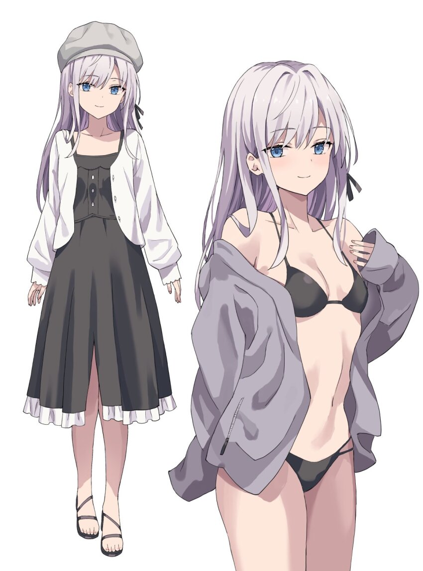 1girl bikini black_bikini black_dress black_sandals blue_eyes breasts closed_mouth commentary_request cowboy_shot dress full_body grey_hair grey_hat grey_jacket hat highres jacket long_sleeves looking_at_viewer medium_dress multiple_views navel newsboy_cap open_clothes open_jacket original rasahan sandals simple_background small_breasts smile swimsuit white_background white_jacket