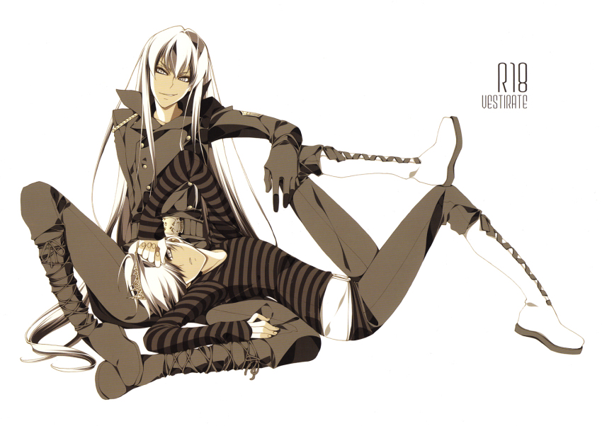 androgynous bad_id bad_pixiv_id belphegor_(reborn) bishounen boots full_body girly_boy hair_over_one_eye high_collar katekyo_hitman_reborn! lace-up_boots long_hair looking_at_viewer male_focus mio_yanagihara misteor multiple_boys pants pants_tucked_in shirt simple_background striped_clothes striped_shirt superbi_squalo very_long_hair white_background