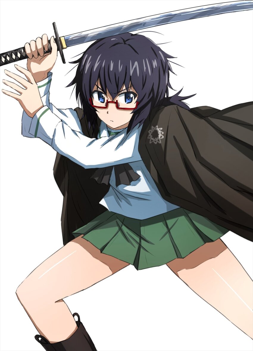 1girl black_boots black_hair black_neckerchief blouse blue_eyes boots closed_mouth commentary fighting_stance frown girls_und_panzer glasses green_skirt haori highres holding holding_sword holding_weapon japanese_clothes katana long_sleeves looking_at_viewer medium_hair messy_hair miniskirt neckerchief omachi_(slabco) ooarai_school_uniform oryou_(girls_und_panzer) pleated_skirt red-framed_eyewear sailor_collar sakamoto_clan_(emblem) school_uniform semi-rimless_eyewear serafuku shirt simple_background skirt solo standing sword under-rim_eyewear weapon white_background white_sailor_collar white_shirt