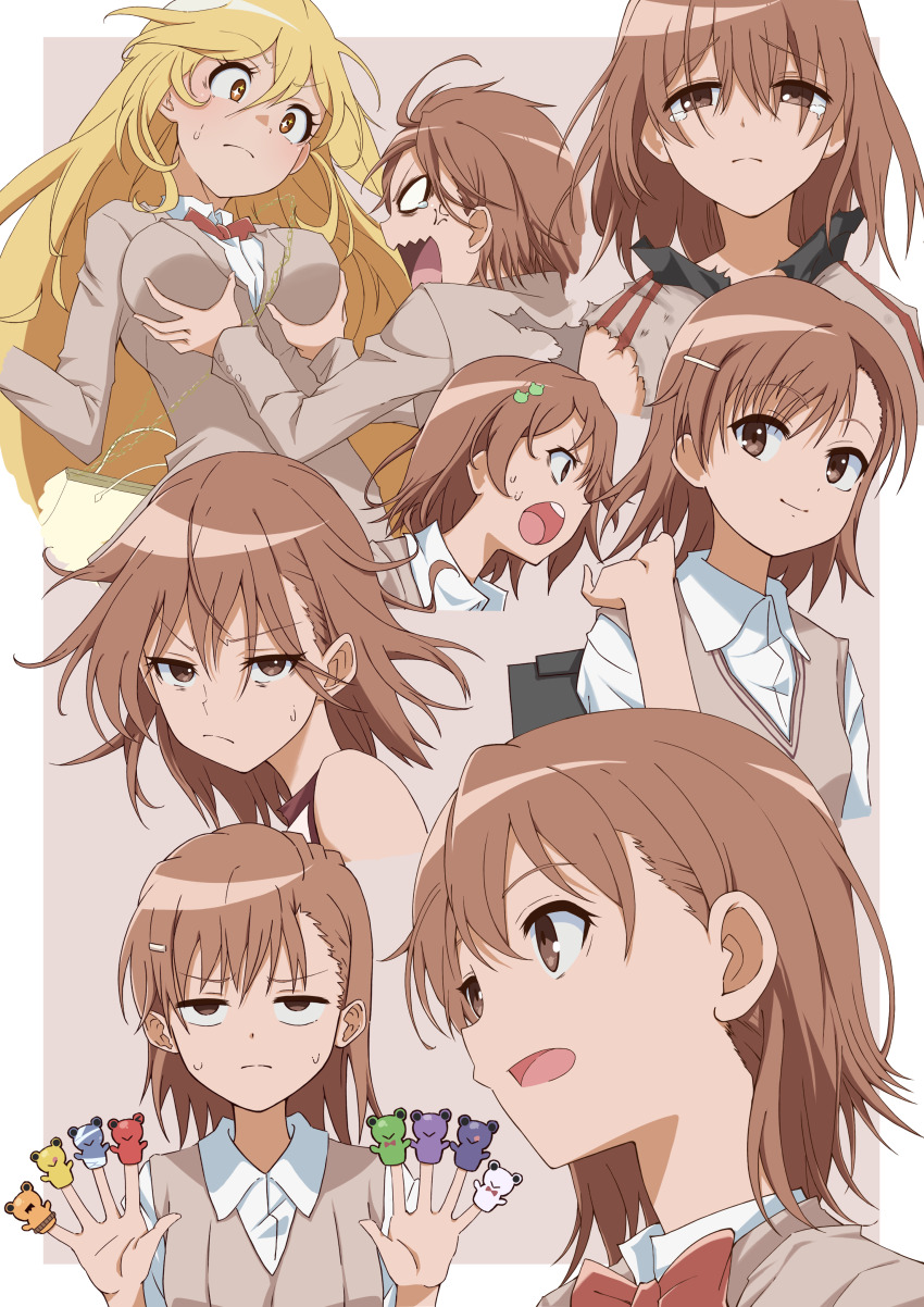 2girls absurdres anger_vein bag blazer blonde_hair bow bowtie breasts brown_eyes brown_hair brown_jacket brown_sweater_vest commentary_request finger_puppet gekota grabbing_another&#039;s_breast groping hair_ornament hairclip handbag highres jacket large_breasts long_hair long_sleeves medium_hair misaka_mikoto multiple_girls puppet red_bow red_bowtie rmwt7525 scene_reference school_emblem school_uniform shirt shokuhou_misaki short_sleeves simple_background sparkling_eyes summer_uniform sweater_vest toaru_kagaku_no_railgun toaru_majutsu_no_index tokiwadai_school_gym_uniform tokiwadai_school_uniform v-neck white_shirt winter_uniform