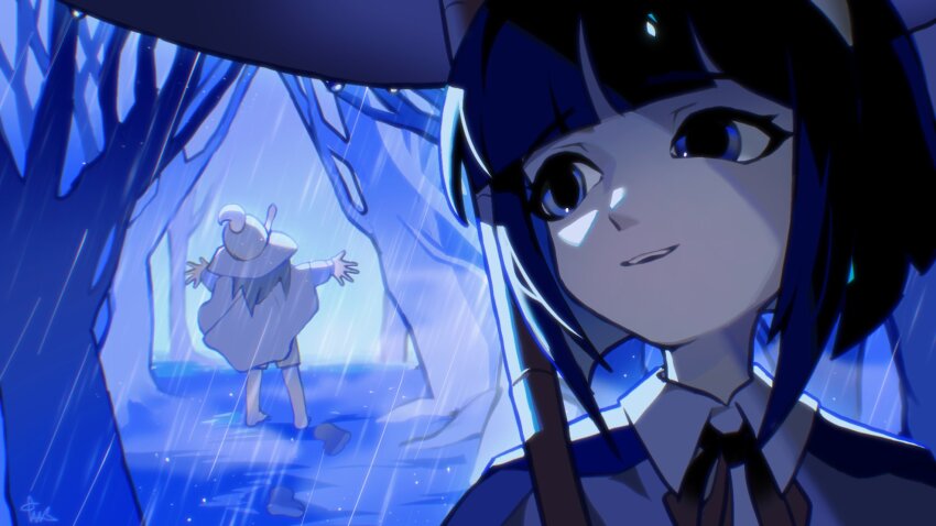 2others amanomiya_jun amanomori_shou androgynous antennae bare_tree barefoot black_footwear black_hair blue_background blue_cape blunt_bangs blunt_ends bob_cut boots brown_hat brown_poncho brown_shorts cape collared_shirt commentary_request eyelashes favnvs_(s910a_ib6) forest from_behind full_body green_hair hat highres holding holding_umbrella jacket len&#039;en long_hair long_sleeves multiple_others nature neck_ribbon oil-paper_umbrella open_mouth other_focus outdoors outstretched_arms pink_jacket rain red_ribbon ribbon shirt short_hair shorts smile teeth tree umbrella umbrella_over_shoulder unworn_boots upper_body upper_teeth_only water_drop white_shirt