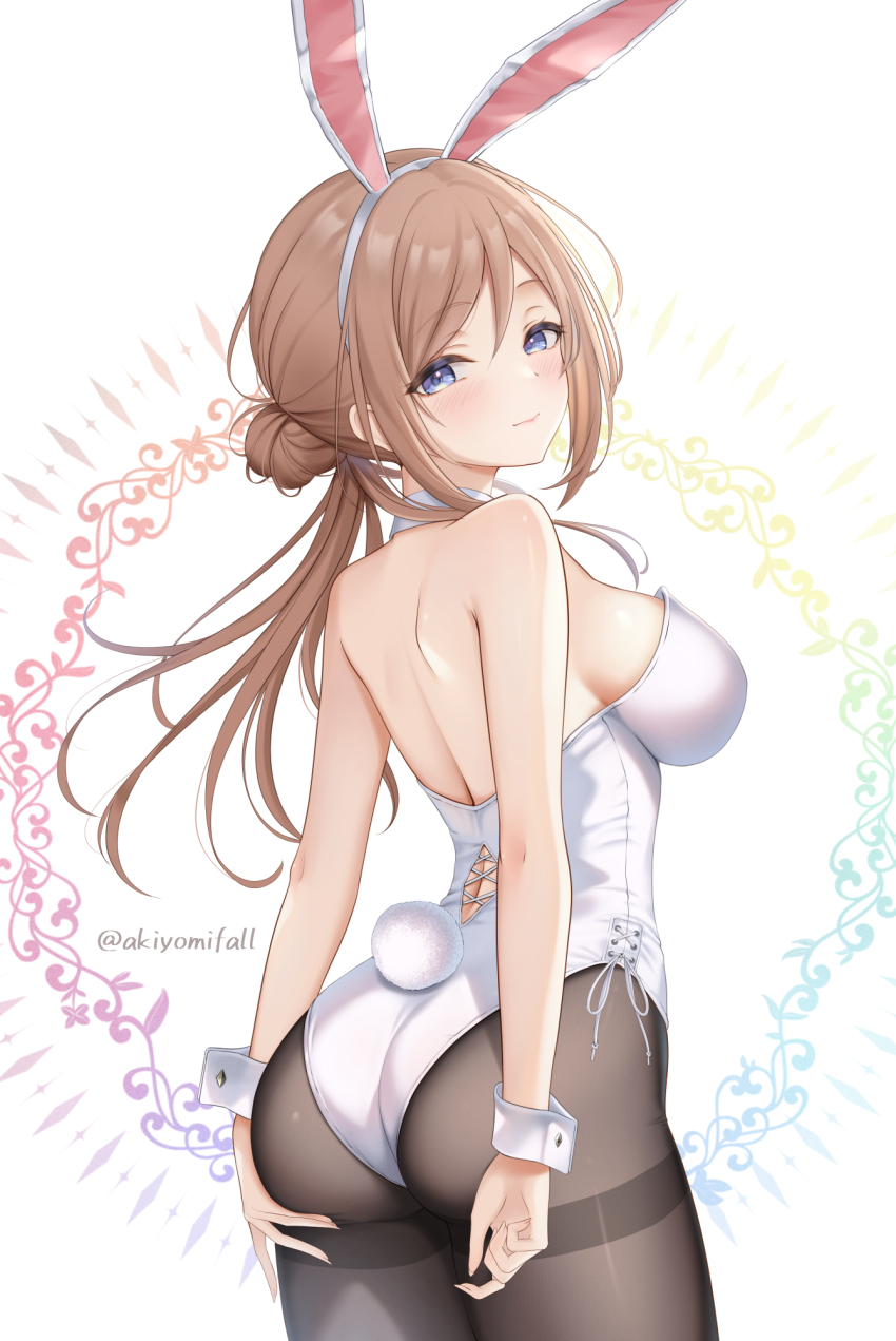 akiei animal_ear_hairband animal_ears ass ass_support back backless_leotard black_pantyhose blue_eyes breasts brown_hair cowboy_shot detached_collar fake_animal_ears from_behind gakuen_idolmaster hair_bun hairband hand_on_own_ass highres himesaki_rinami idolmaster leotard long_hair looking_at_viewer looking_back median_furrow medium_breasts pantyhose playboy_bunny rabbit_ears rabbit_tail shoulder_blades side-tie_leotard sideboob strapless strapless_leotard tail thighband_pantyhose twitter_username white_leotard wrist_cuffs