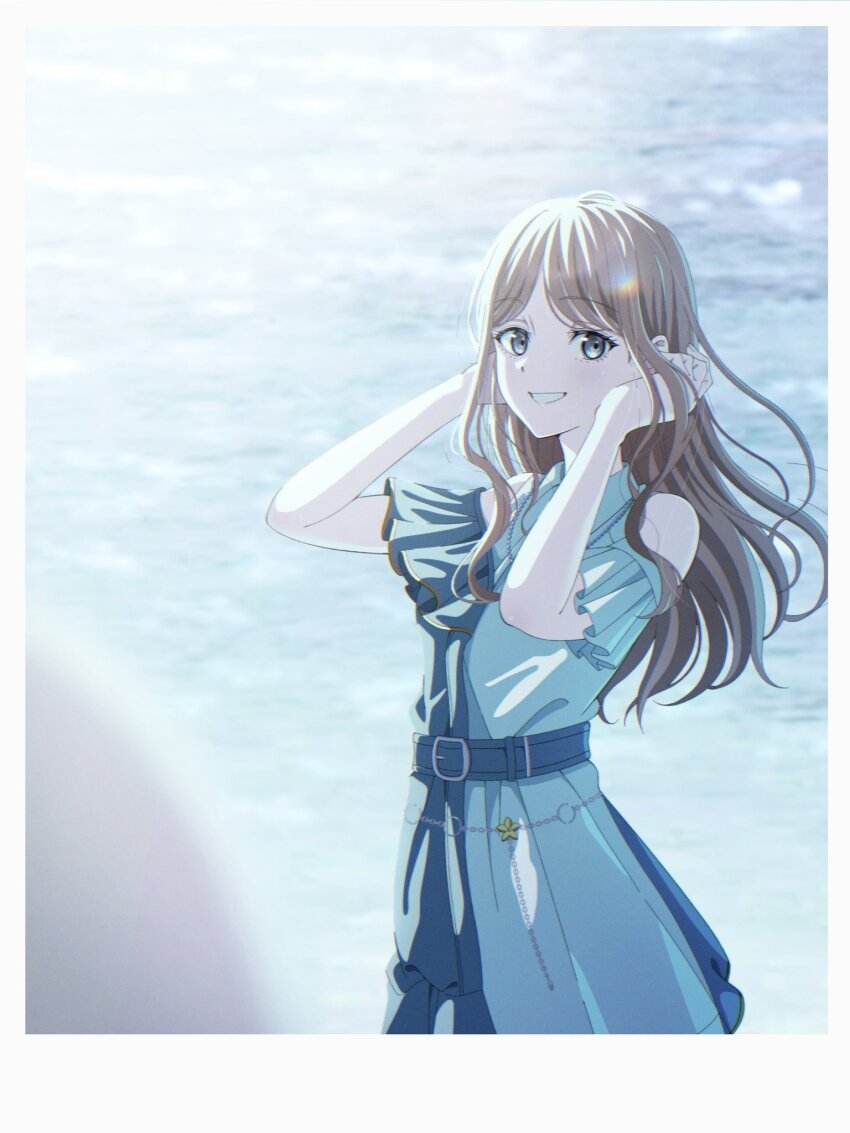 1girl bang_dream! bang_dream!_it&#039;s_mygo!!!!! belt blue_belt border brown_hair commentary dress fake_photograph grey_eyes hands_up hashtag-only_commentary highres long_hair looking_at_viewer nagasaki_soyo open_mouth sidelocks smile solo white_border white_dress yasou0049