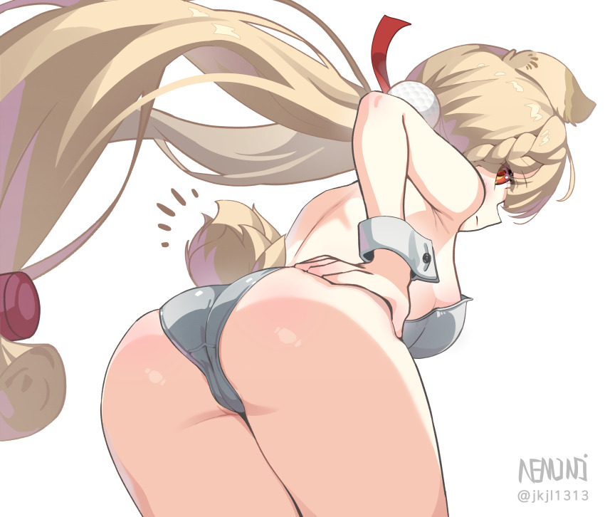 1girl absurdres alice_thymefield alternate_costume animal_ears armpits ass blonde_hair breasts highres leotard long_hair mouse_ears mouse_girl mouse_tail n3moni playboy_bunny pom_pom_(clothes) red_eyes small_breasts solo strapless strapless_leotard tail twintails very_long_hair white_leotard white_wrist_cuffs wrist_cuffs zenless_zone_zero
