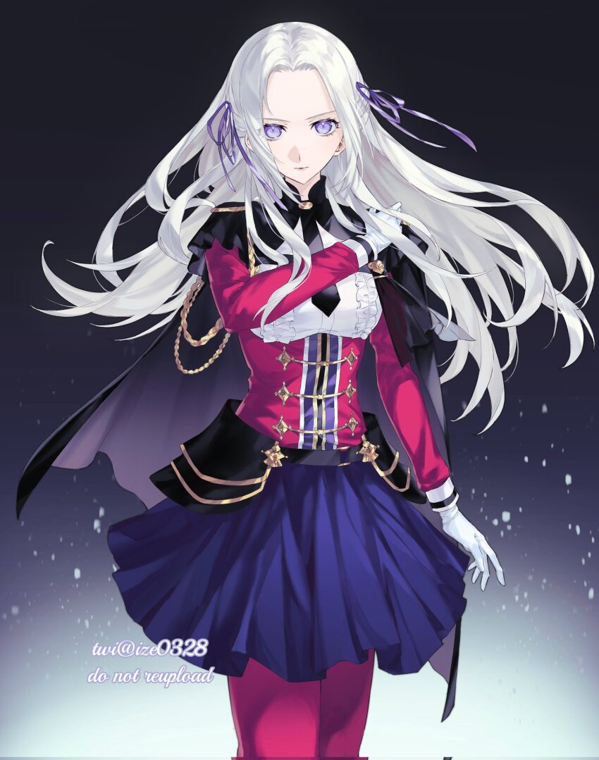 1girl alternate_color alternate_costume alternate_universe black_capelet black_necktie blue_background blue_skirt blunt_bangs capelet closed_mouth collared_capelet collared_shirt commentary_request commission edelgard_von_hresvelg fire_emblem fire_emblem:_three_houses floating_hair formal_clothes garreg_mach_monastery_uniform gloves gradient_background hair_floating_upwards hair_ribbon hand_on_own_shoulder head_tilt highres ize0328 long_hair long_sleeves looking_at_viewer necktie nintendo pantyhose parted_bangs purple_eyes purple_ribbon red_pantyhose ribbon shade shirt simple_background skirt solo standing suit twitter_username white_gloves white_hair