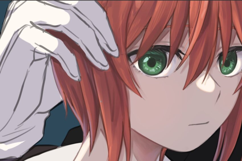 1boy 1girl close-up closed_mouth delfuze elias_ainsworth gloves green_eyes hatori_chise looking_at_viewer mahou_tsukai_no_yome red_hair short_hair solo_focus white_gloves