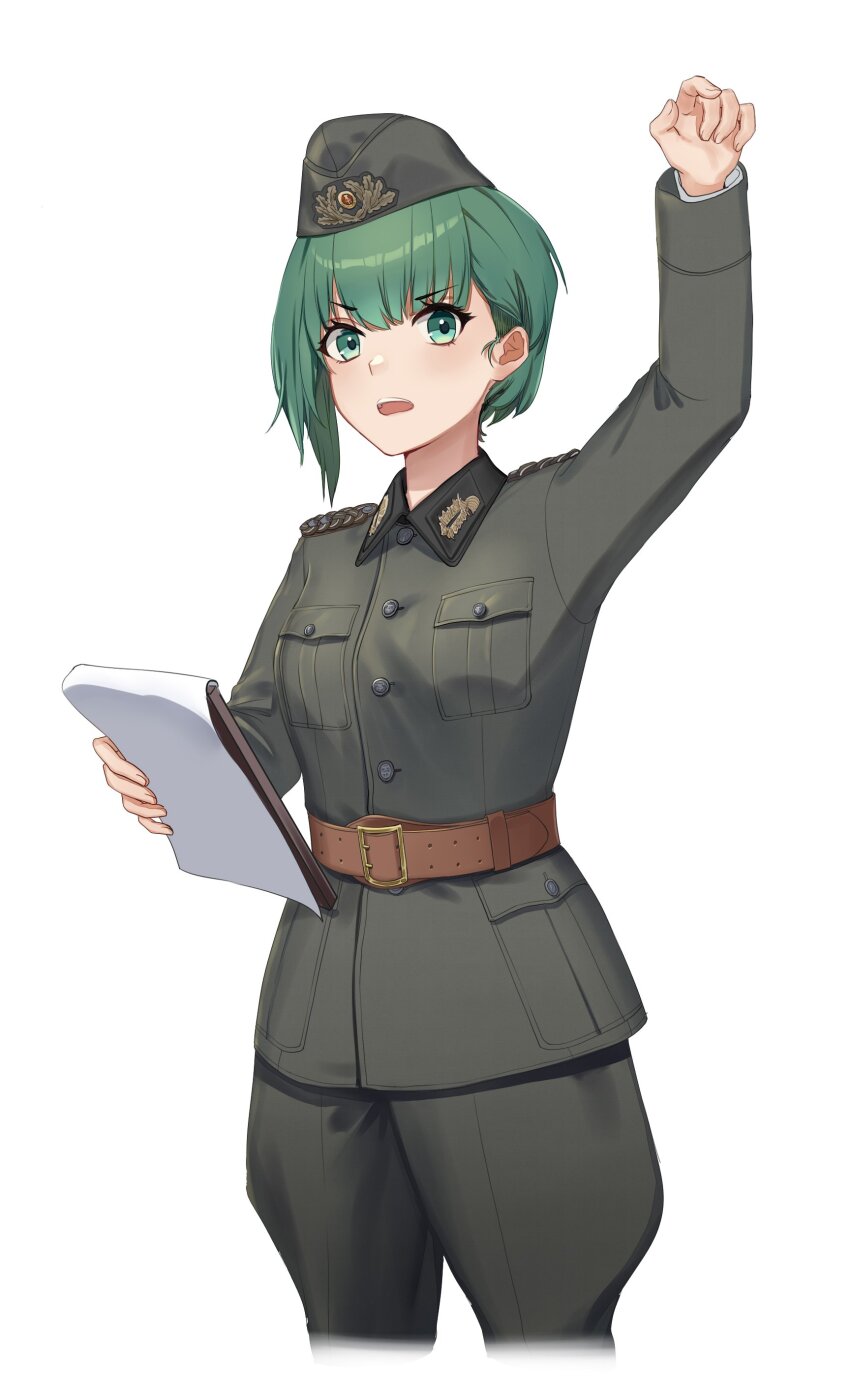 1girl absurdres arm_up belt belt_buckle breasts brown_belt buckle clipboard cropped_legs east_germany garrison_cap green_eyes green_hair grey_hat grey_jacket grey_pants hat highres holding jacket long_sleeves looking_at_viewer military military_hat military_jacket military_uniform open_mouth original pants simple_background small_breasts solo standing tuziki_sang white_background