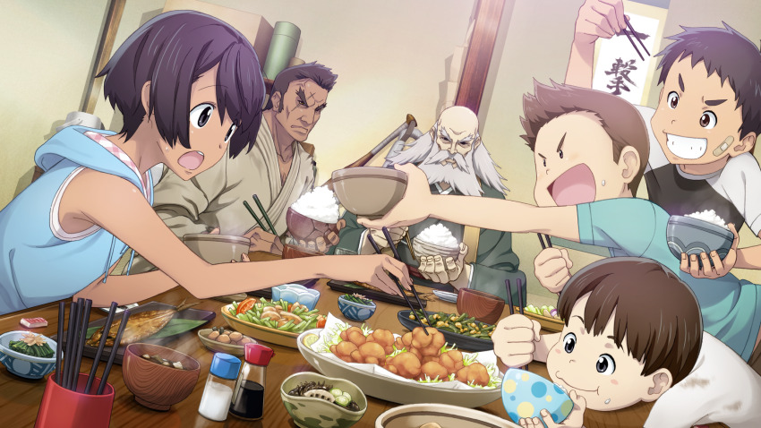 1girl 5boys adam&#039;s_apple balding black_hair black_shirt blue_hood bob_cut bowl brother_and_sister brothers brown_eyes brown_kimono character_request chicken_(food) chopsticks clenched_teeth daitoku_junna dark-skinned_female dark-skinned_male dark_skin dinner dirty dirty_clothes dojo dutch_angle eating elbow_on_table family father_and_daughter father_and_son fingernails fish fish_(food) food food_request fried_chicken fukuda_tomonori game_cg grandfather_and_granddaughter grandfather_and_grandson green_kimono green_shirt grey_eyes grilled_fish grin highres holding holding_bowl holding_chopsticks hood hoodie japanese_clothes kimono long_hair multiple_boys muscular muscular_male nervous_sweating non-web_source official_art old old_man on_table open_mouth pectorals plaid_hood red_eyes rice robotics;notes scar scar_across_eye scar_on_face shiny_skin shirt short_hair siblings sleeveless sleeveless_hoodie smile soy_sauce soy_sauce_bottle sushi sweat sweatdrop t-shirt table teeth thick_eyebrows tongue very_short_hair white_shirt