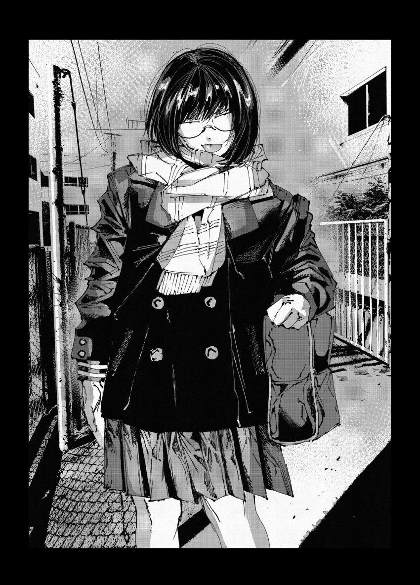 1girl :p bag black_border border coat hachinuki_tetsuyo highres jimiko jitome mob_face moire original outdoors pleated_skirt scarf school_bag she_(hachinuki_tetsuyo) short_hair skirt solo tongue tongue_out