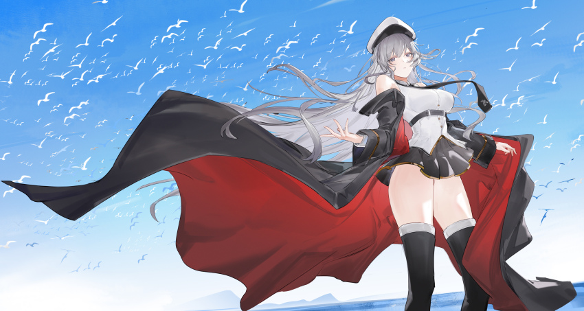 1girl absurdres azur_lane bare_shoulders bird black_coat black_necktie black_skirt black_thighhighs blue_sky breasts buttons coat commentary enterprise_(azur_lane) flantia flock gold_trim grey_hair hair_between_eyes hat highres large_breasts long_hair looking_at_viewer miniskirt necktie ocean open_clothes open_coat parted_lips pleated_skirt purple_eyes shirt skirt sky solo standing thighhighs thighs white_bird white_hat white_shirt