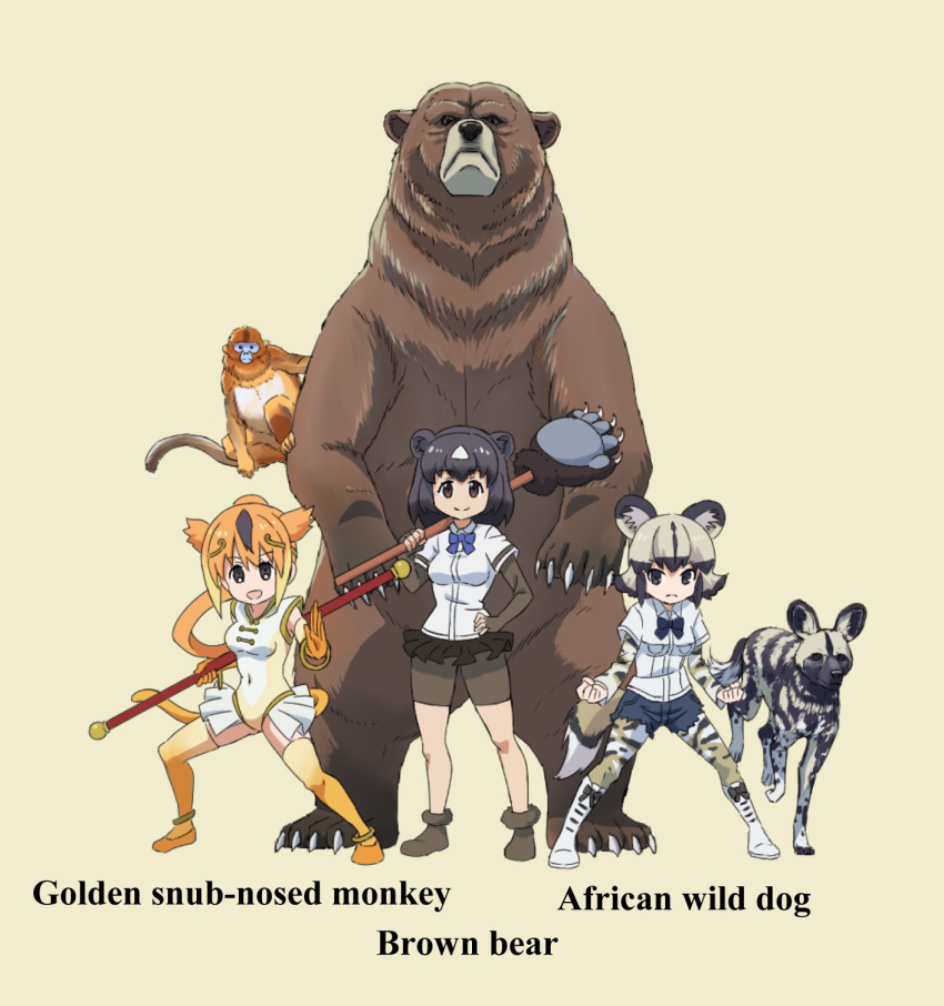 3girls african_wild_dog african_wild_dog_(kemono_friends) animal_ears animal_print bear bear_ears beige_background bike_shorts_under_skirt black_eyes black_hair black_skirt blue_shorts bob_cut boots brown_bear_(kemono_friends) brown_footwear brown_shorts clenched_hands closed_mouth commentary_request creature_and_personification cutoffs dog_ears dog_tail english_text fighting_stance frown golden_snub-nosed_monkey golden_snub-nosed_monkey_(kemono_friends) hand_on_own_hip highres holding holding_pole holding_weapon kemono_friends layered_sleeves leotard long_sleeves looking_at_viewer miniskirt monkey_tail multiple_girls name_connection open_mouth orange_boots orange_hair orange_legwear over_shoulder paw_stick personification pleated_skirt pole print_legwear shirt shoes short_hair short_over_long_sleeves short_sleeves shorts silver_hair simple_background skirt sleeveless smile standing tail thighhighs weapon white_footwear white_leotard white_shirt yamaguchi_yoshimi