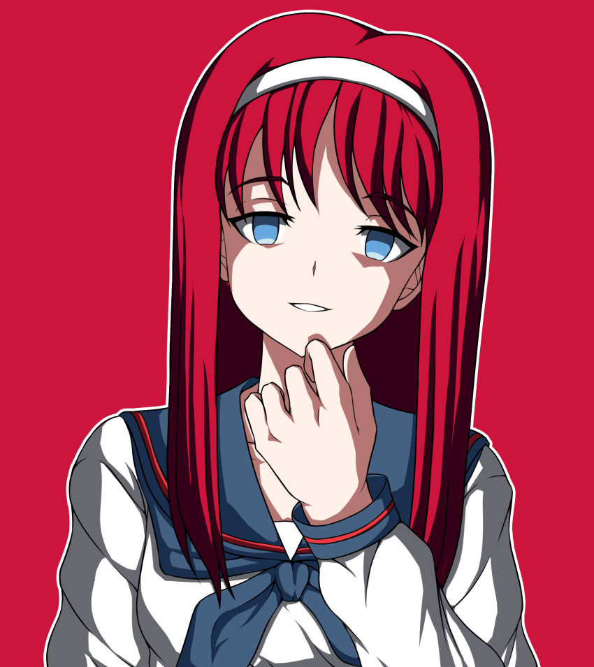 1girl absurdres black_hair blue_eyes bow hairband hand_on_own_face highres long_hair long_sleeves looking_at_viewer melty_blood red_background red_hair ribbon saishuumusou school_uniform shirt smile smug solo tohno_akiha toono_akiha tsukihime type-moon vermillion_akiha white_hairband