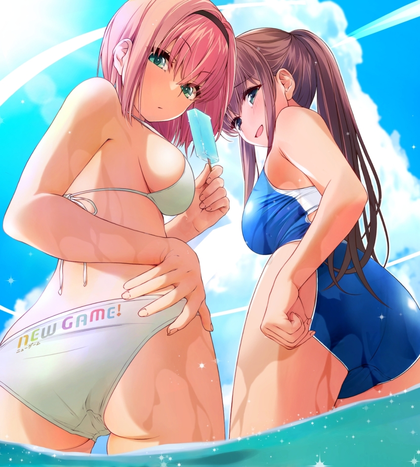 2girls ass bare_shoulders beach bikini blue_eyes blue_sky blush breasts brown_hair chuutaro_metal cloud cloudy_sky competition_swimsuit copyright_name crotch_seam day food green_bikini green_eyes halterneck highres holding holding_food holding_popsicle large_breasts long_hair looking_at_viewer looking_back medium_hair mochizuki_momiji multiple_girls new_game! one-piece_swimsuit outdoors pink_hair popsicle sky smile string_bikini swimsuit takimoto_hifumi thighs twintails wet
