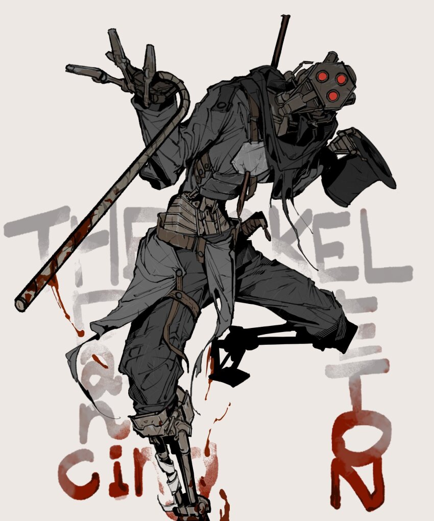 1other armor black_pants blood blood_on_leg blood_splatter cane commentary crop_top english_commentary english_text foot_out_of_frame grey_background hat head_tilt highres holding holding_cane holding_unworn_clothes holding_unworn_hat impaled joints juerucj kenshi long_sleeves looking_at_viewer pants pelvic_curtain red_eyes robot robot_joints skeleton_(kenshi) solo top_hat torn_clothes unworn_hat unworn_headwear